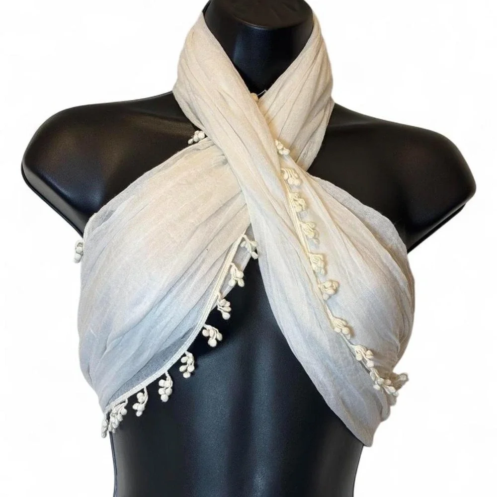Cottagecore Cream Gauze Crinkle Crochet Lace Trim Tassel Border Scarf
